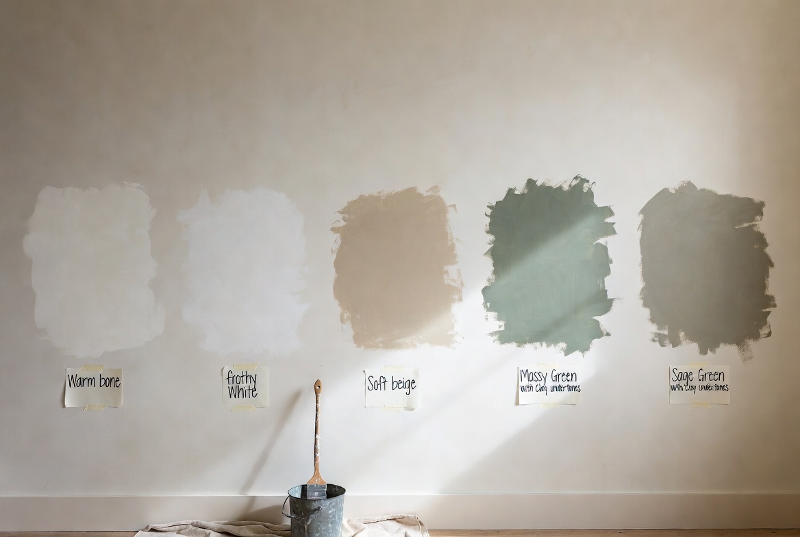 Limewash paint color samples Park City Utah Mountain Modern interior design 2026 warm bone frothy white soft beige mossy green sage green clay undertones