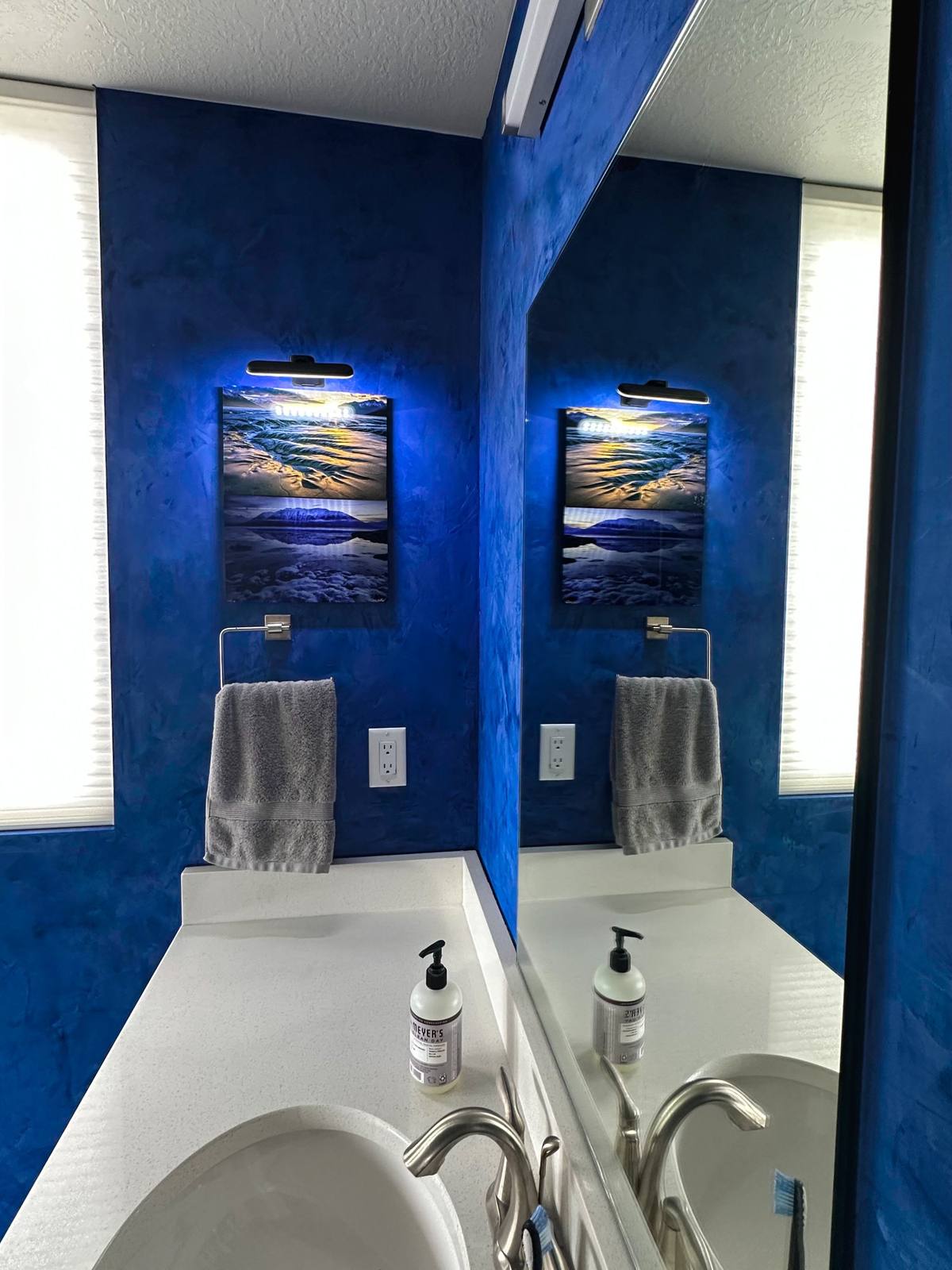 Venetian plaster blue bathroom side angle Park City Utah luxury finish