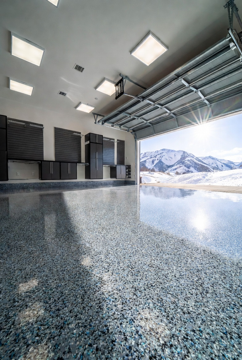 Epoxy floor coating garage Park City Utah mountain view luxury home